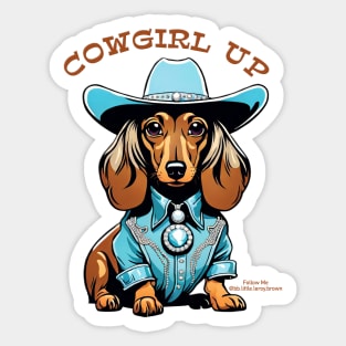 COWGIRL UP (Brown and cream dachshund with blue hat) Sticker